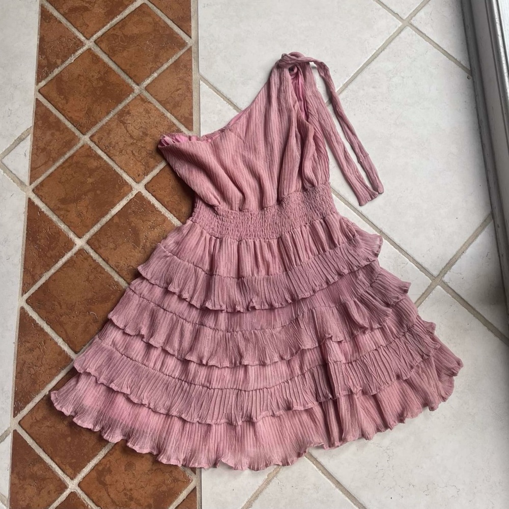 Fanco - One Shoulder Tie Ruffle Dress Pink